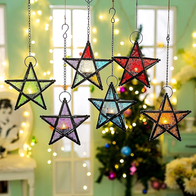 Vintage Iron & Colored Glass Star Candle Holder – Moroccan Style Hanging Lantern for Home, Bar, Restaurant Decor & Gift