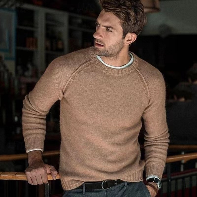 Men's Sweater Pullover Sweater Jumper Ribbed Knit Regular Tops Knitted Slim Fit Plain Crew Neck Knitwear Contemporary Casual Daily Wear Clothing Apparel Fall Camel Black S M L4