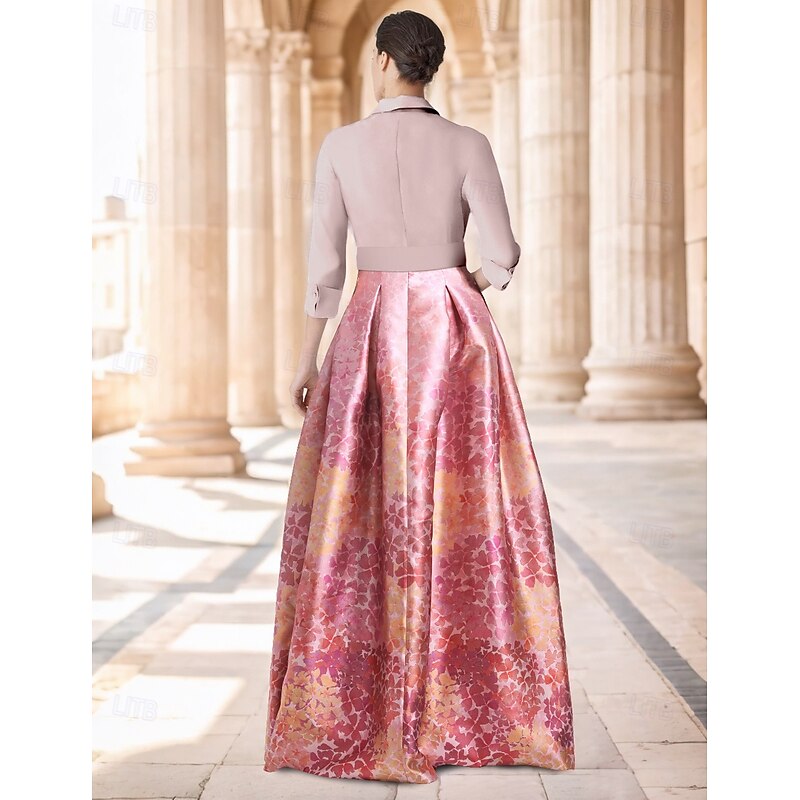 A-Line Mother of the Bride Evening Gown Elegant Dress Formal Wedding Floor Length Half Sleeve Shirt Collar Satin with Floral Print Slit Wedding Guest Dress2
