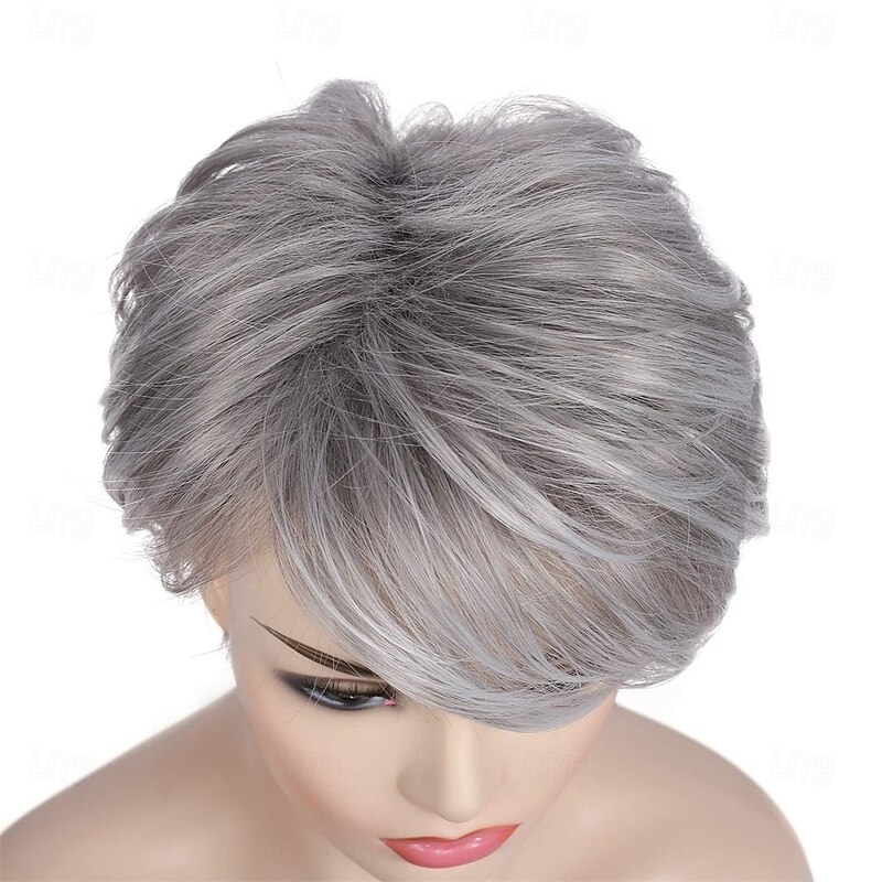 Grey Wig Short Layered Natural Synthetic Wig with Bangs Heat Resistant Replacement Hair Wig for Women4
