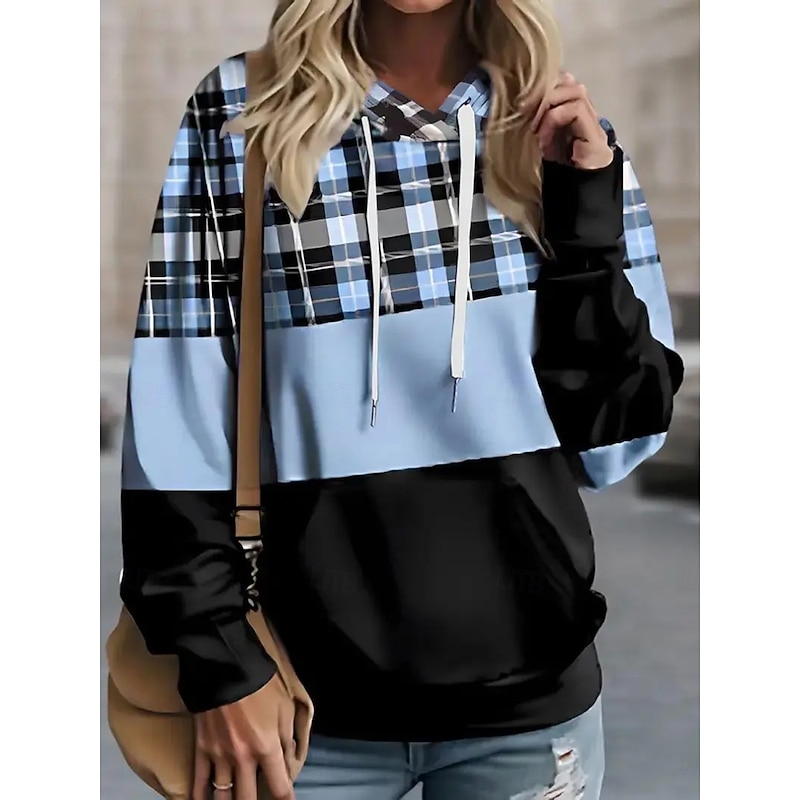 Women's Pullover Hoodie Sweatshirt Graphic Geometric Plaid Fashion Casual Print Long Sleeve Hooded Regular Tops Street Dailywear Drawstring Print Pink Red Blue Fall Winter3