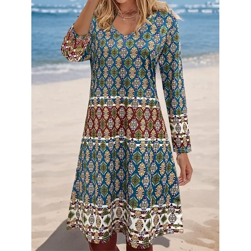 Women's Mini Dress Casual Dress Sundress A Line Dress Bohemia Vintage Stylish Beach Regular Fit Graphic Geometric Abstract Long Sleeve V Neck Green Summer Spring Fall