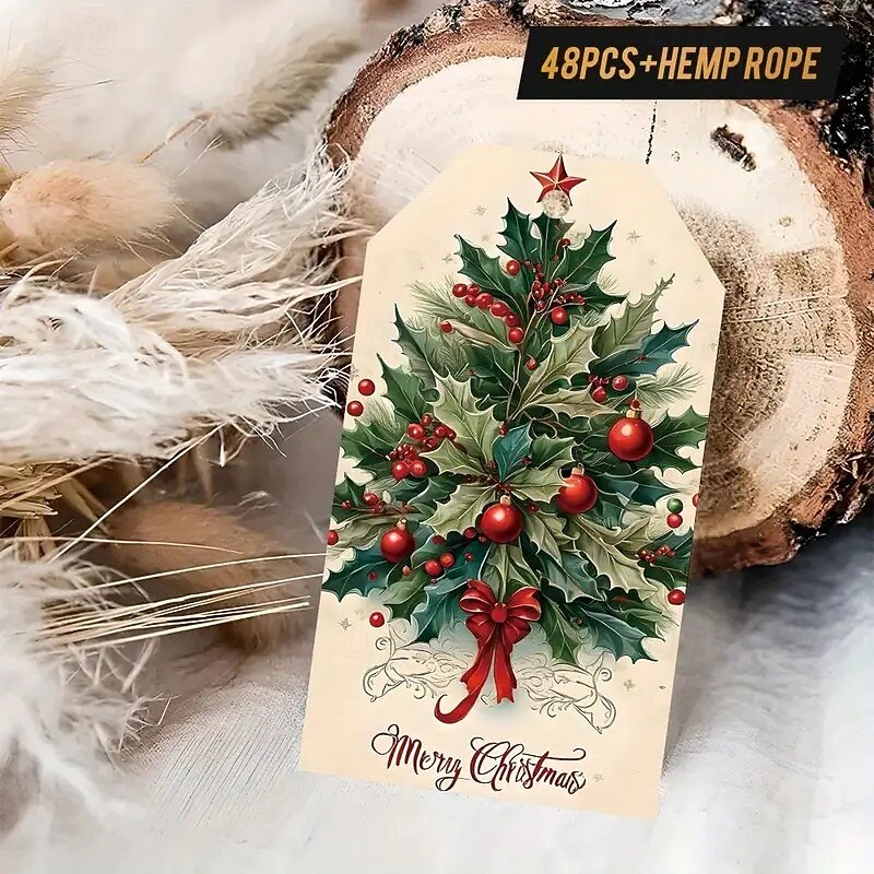 48PCS Vintage Christmas Gift Tags with Twine, Elegant Holiday Decorations for Home, Friends, and Office Gift Exchange, Classic Rustic Style for Christmas Wrapping, Party Decor, and Festive Accents2