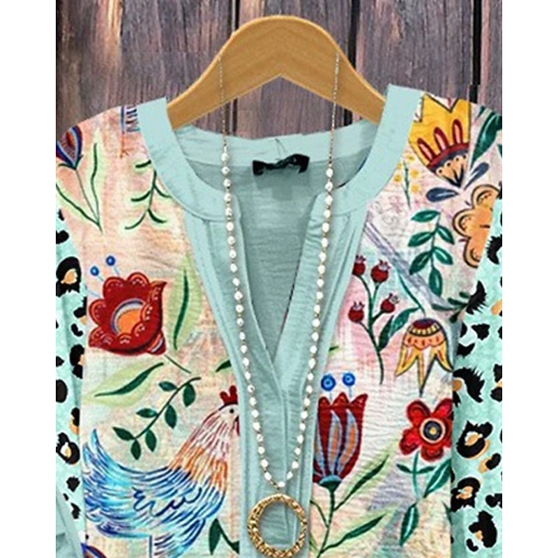 Women's T Shirt Floral Fashion Modern 3/4 Length Sleeve V Neck Regular Tops Daily Ruffle Print Blue Summer3