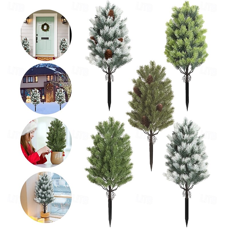 Artificial Christmas Tree Garden Stake 24 Inches Artificial Cedar Topiary Trees with Ground Spike Christmas Faux Outdoor Plants for Room Front Porch Garden Backyard Decor