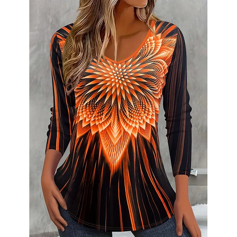 Women's T Shirt Ombre Graphic Geometric Vintage Stylish Classic Long Sleeve V Neck Regular Tops Daily Print Blue Fuchsia Orange Gray Spring Fall