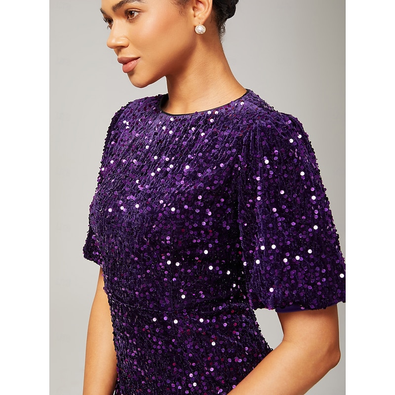 Women's Velvet Dress Sequin Dress Prom Dress Cocktail Dress Elegant Glitters Puff Balloon Sleeve Anniversary Party Party Evening Wear Sequin Short Sleeve Navy Blue Purple Green Spring & Fall4
