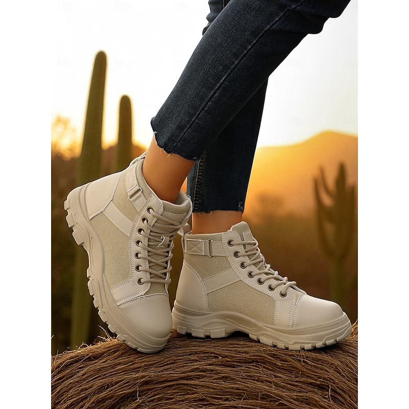 Women's Beige Lace-Up Combat Boots – Faux Leather and Canvas Ankle Boots with Chunky Sole for Hiking, Outdoor Adventures, Travel and Casual Streetwear4