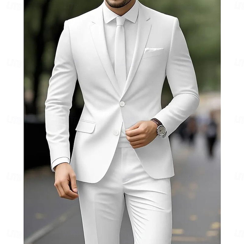 Men's Wedding Casual Party Suits Notch Lapel White Formal Solid Colored Slim Fit 2 Piece Single Breasted Three-buttons