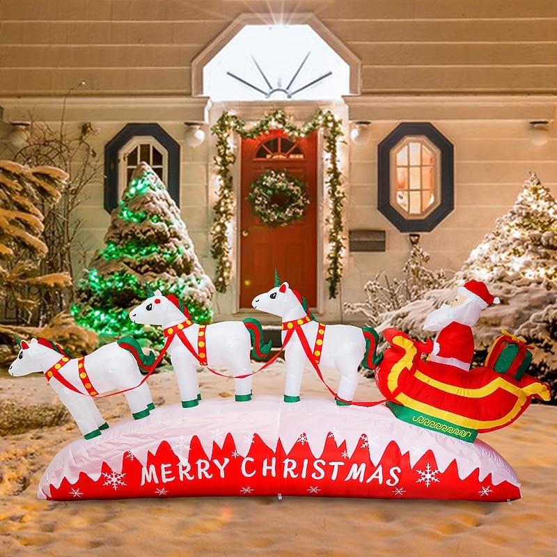 1 Pc 3.3M/10.8FT Christmas 3 Unicorn Pull Car Santa Claus LED with Light Inflatable Air Model Indoor and Outdoor Courtyard Garden Lawn Party Christmas Atmosphere Decorative Light EU/US/UK/AU Plug3