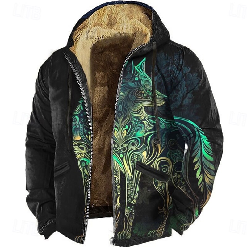 Men's Fox 3D Fleece Hoodie Sweatshirt Viking Vintage Retro Long Sleeve Crew Neck Outdoor Streetwear Yellow Red Drawstring Fall Winter Designer - Main Image