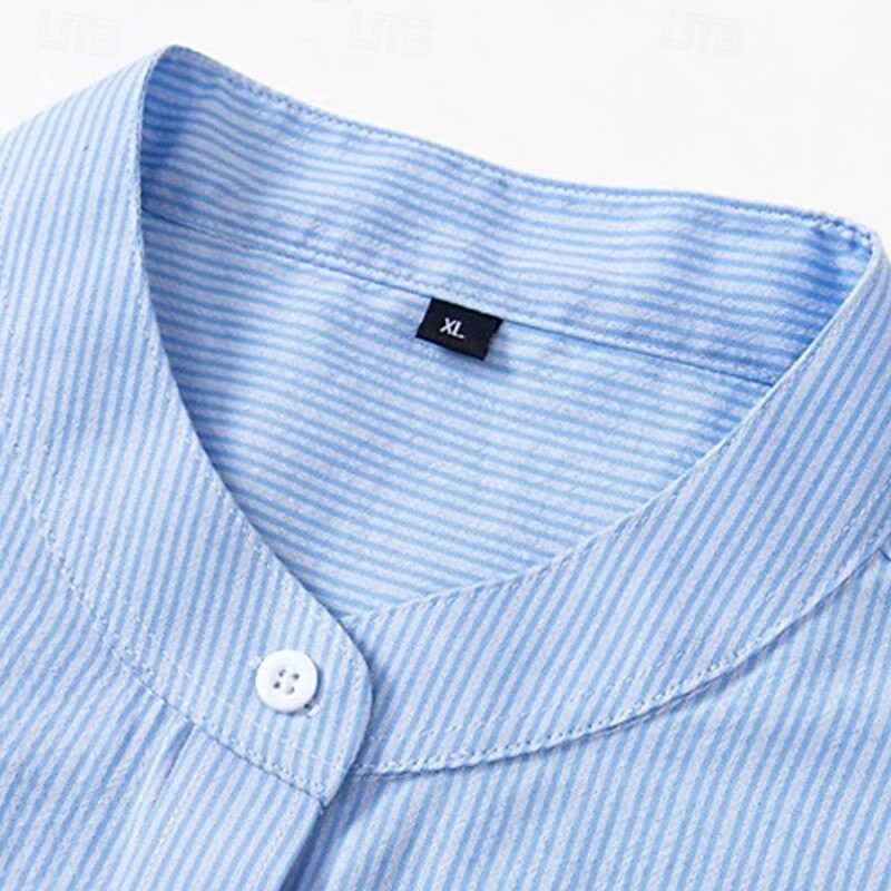 Men's Shirt Summer Shirt Casual Shirt Beach Shirt Button Up Shirt Blue Gray Short Sleeve Stripe Band Collar Vacation Hawaiian Pocket Clothing Apparel Fashion Casual Comfortable3