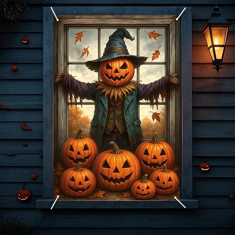 Halloween Window Cover Decorations, Fabric Cute Ghost Candle Halloween Curtain Horror Movie Poster Window Door Covering Decor for Haunted House, Scary Halloween Window Clings Decals Indoor Outdoor