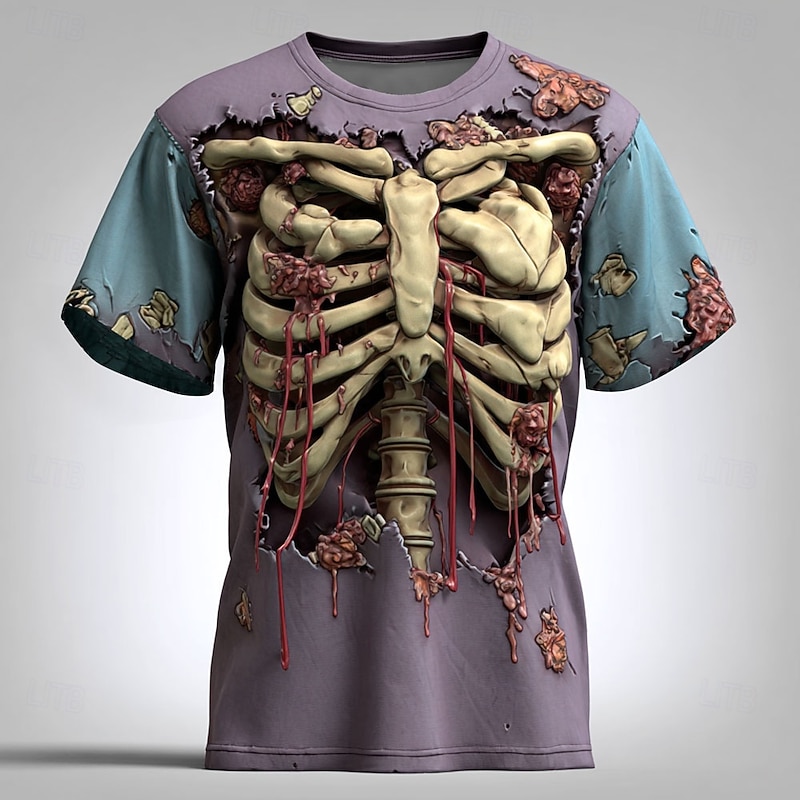 Halloween Men's Optical Illusion 3D Skeleton T Shirt Short Sleeve T shirt 3D Print Crew Neck Shirt Exaggerated Designer Horror Party Club Lake Blue Yellow Blue Summer Spring All Seasons Clothing