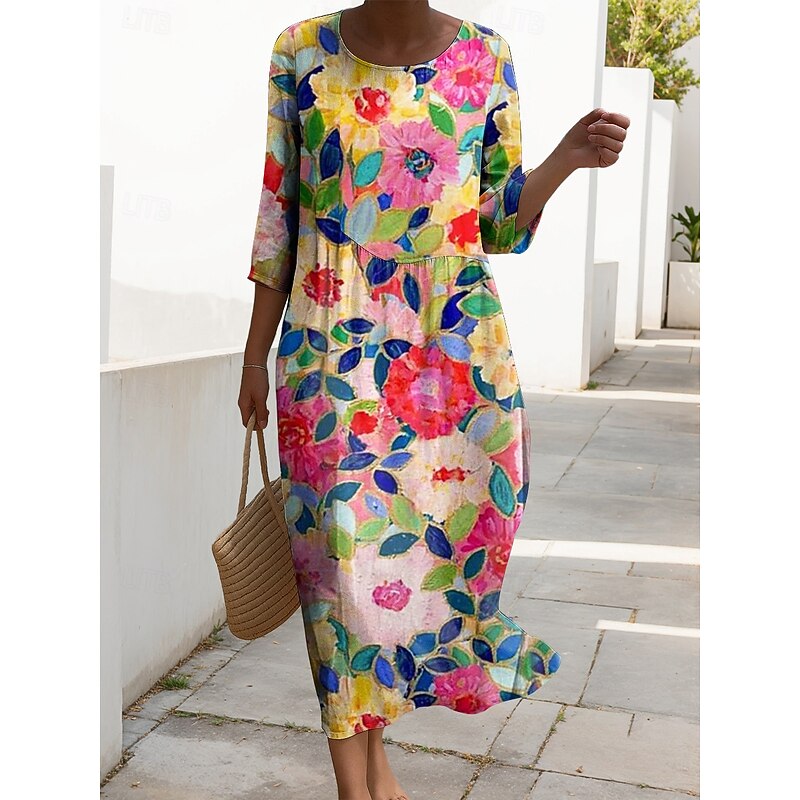 Women's Maxi Dress Kaftan 3/4 Length Sleeve Crew Neck Casual Shift Dress A Line Dress Dress Boho Daily Holiday Date Floral Graphic Pink Red Blue Fuchsia Spring3