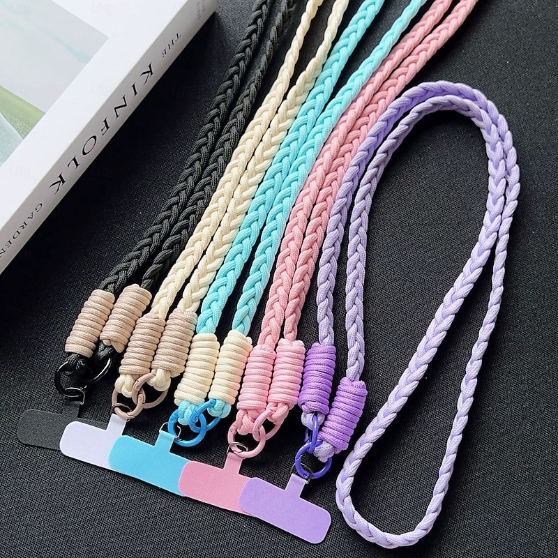 Fashion colored three strand braided rope for girls diagonal cross strap rope anti loss and sturdy hanging strap keychain mobile phone solid color hanging rope