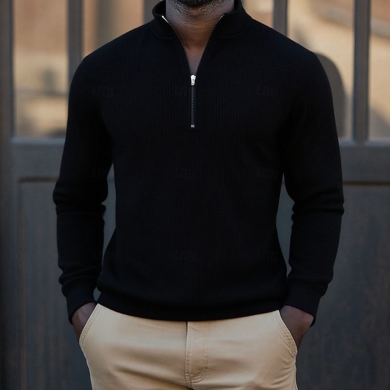 Men's Waffle Polo Shirts Zip Polo Sports Outdoor Casual Standing Collar Quarter Zip Long Sleeve Fashion Modern Solid Color Knitted Fall Spring &  Fall Regular Fit Black White Blue Gray Waffle Polo3