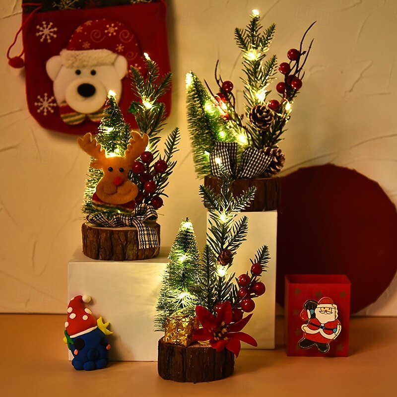 Christmas Tree Mini LED Lighted Wooden Base Decoration, Desktop Holiday Ornament, Festive Table Decor