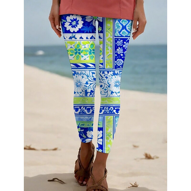 Women's Pants Trousers Leggings Ethnic Style Casual Full Length High Waist Floral Elastic Waist Print Breathability Comfortable Stretchy Vacation Street Daily Wear Royal Blue Blue Summer Spring Fall3