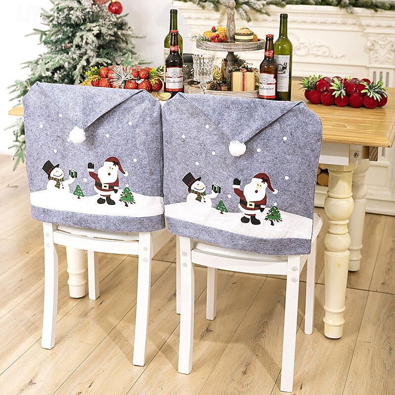2Pcs Christmas Gray Chair Covers, Non-Woven Santa Claus & Snowman Chair Back Covers, Holiday Dining Chair Decorations, Gray Printed Santa Hat Slipcovers4