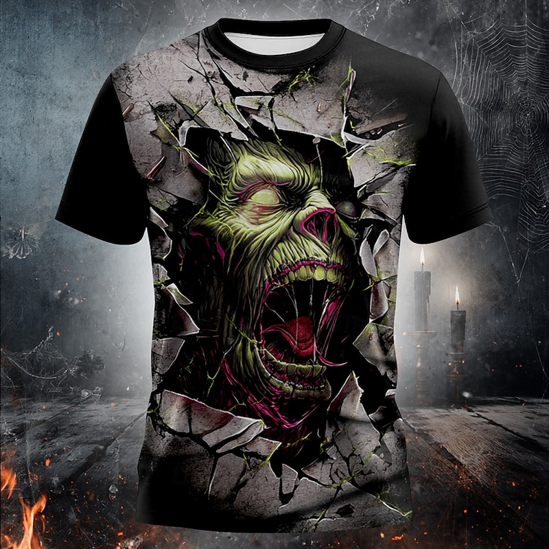 Halloween Men's Optical Illusion 3D T Shirt Short Sleeve T shirt 3D Print Crew Neck Shirt Exaggerated Designer Horror Party Holiday Club Black Summer Spring Clothing Apparel S M L XL XXL XXXL