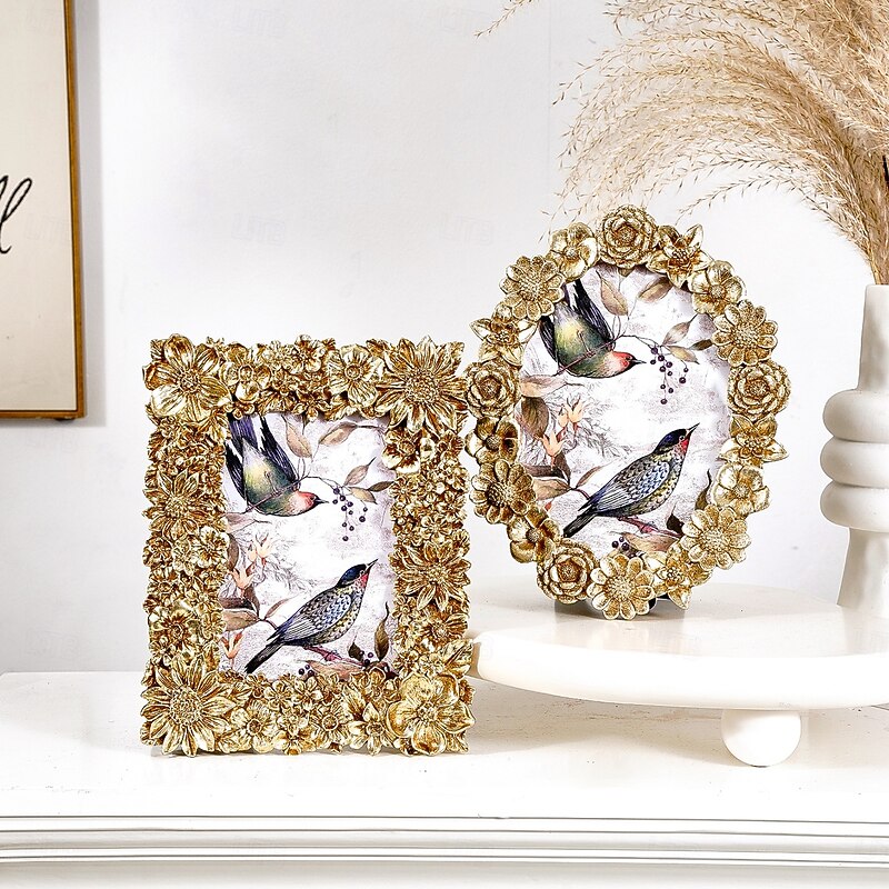 Gold Floral Embossed Resin Photo Frame – 3D Flower Design Tabletop Picture Frame, Horizontal & Vertical Display for Home Decor and Photography Props4