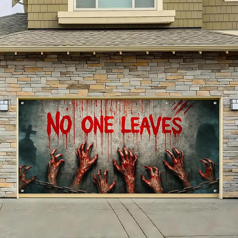 Halloween Garage Door Cover Large Hanging Backdrop Bloodstains 3D Dark Punk Gothic Style Party Outdoor Shooting Backgrounds Yard Haunted House Home Decor4