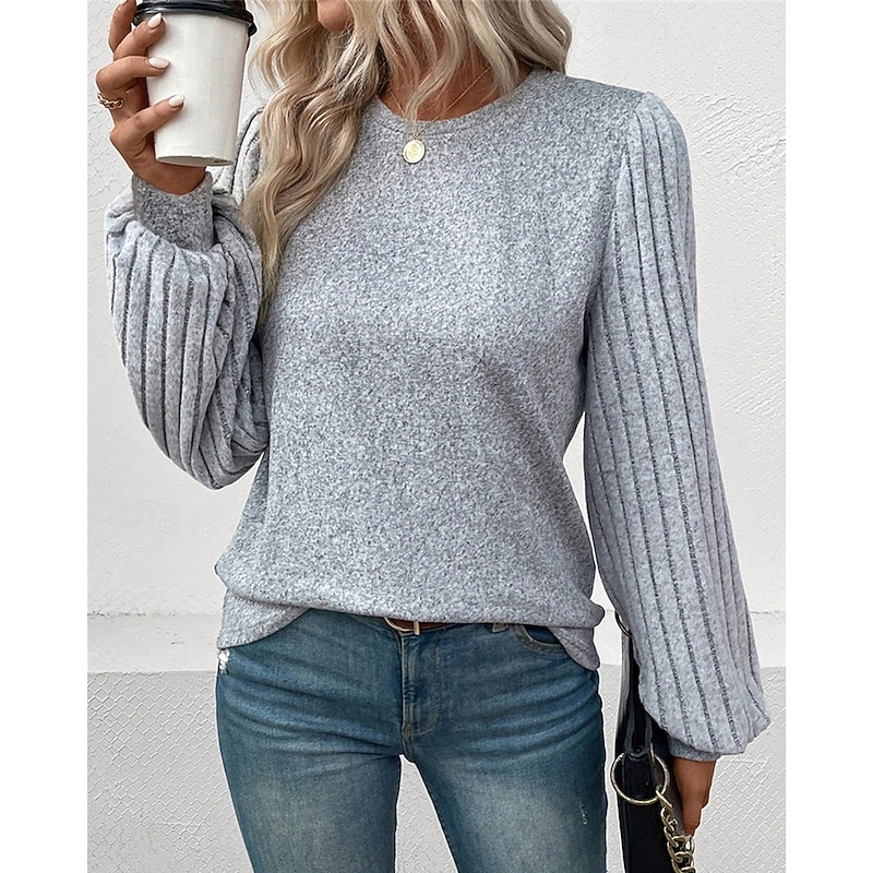 Women's Texture Blouse T Shirt Tee Top Plain Fashion Modern Long Sleeve Crew Neck Regular Tops Daily Going out Patchwork Gray Spring Fall2