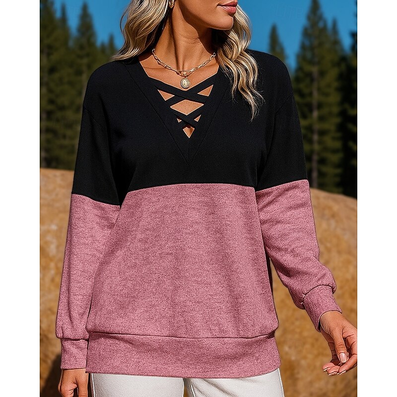 Women's Pullover Sweatshirt Casual Tops Colorblocking Long Sleeve Top Athleisure Fall V Neck Patchwork Lightweight Workout Outdoor Training Sportswear Activewear White Pink Green