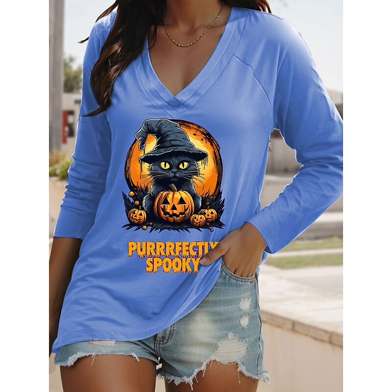 Halloween Women's T shirt Witch Long Sleeve Graphic Cat Pumpkin Vintage Stylish Classic Long Sleeve V Neck Regular Tops Daily Print Pink Blue Purple Orange Spring Fall Prefall3