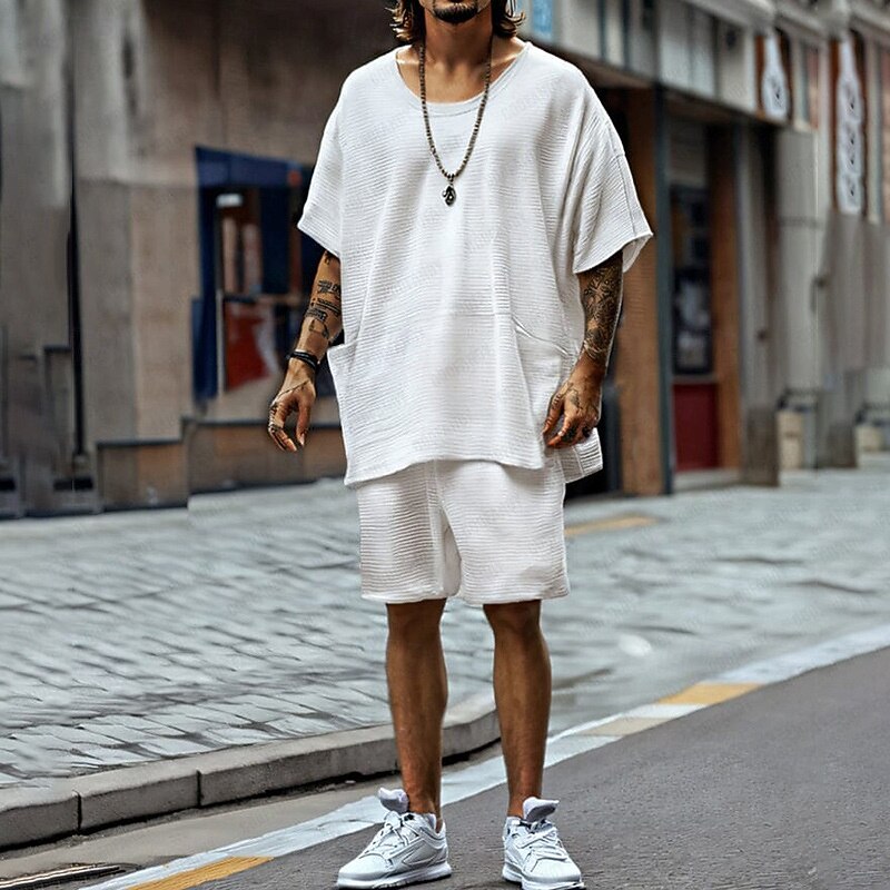 Men's T-shirt Suits 2 Pieces Outfits Tee & Shorts Short Sleeve Crew Neck Summer Plain Fashion Casual 2 Piece Vacation Daily Wear Going out Black White Top Tee for Men2