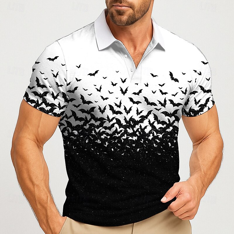Halloween Men's Bat Polo Short Sleeve Polo Shirts Lapel Casual Athleisure Daily Wear Festival Outfit 3D Print Buttons Summer White Purple Orange2