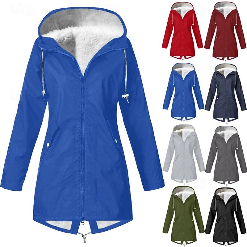 Women's Trench Coat Waterproof Rain Jackets Rain Coats Waterproof Windproof Zipper Pocket Fashion Outdoor Plain Going out Weekend Zipper Regular Hooded Regular Fit Long Sleeve Outerwear Black Pink Red