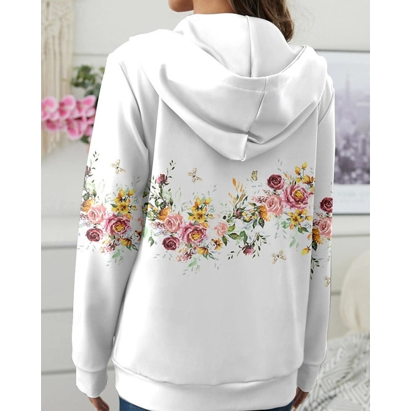 Women's Casual Jacket Hoodie Jacket Comfortable Zipper Pocket Print Fashion Flower Street Daily Casual Daily Weekend Zipper Regular Hooded Regular Fit Long Sleeve Outerwear White Fall Winter2