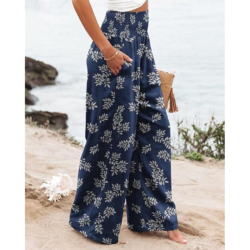 Women's Wide Leg Slacks Streetwear Casual Full Length Natural Flower Pocket Elastic Waist Print Soft Holiday Weekend Blue Fall Regular Fit - Main Image