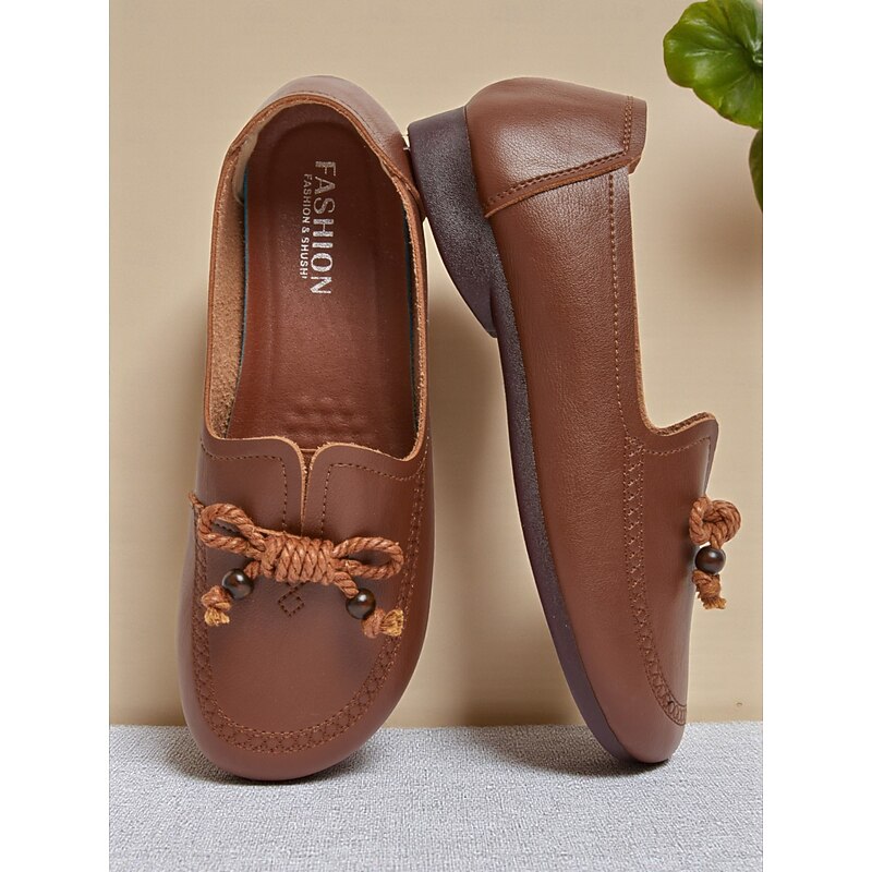 Women's Brown Loafers with Rope Knot Detail – Soft Faux Leather Moccasins for Driving, Casual Workdays and Weekend Comfort