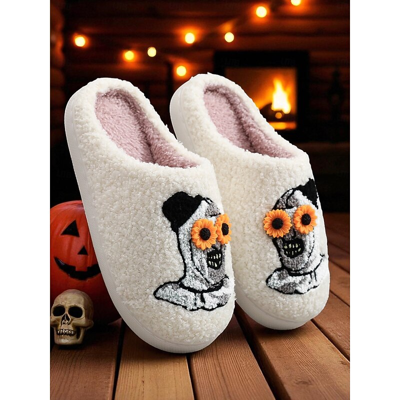 Women's Halloween Slippers - Black Plush Indoor Mules with 3D Sunflower and Ghost Embroidery, Cozy Warm Style for Fall Home Wear and Spooky Season Parties2