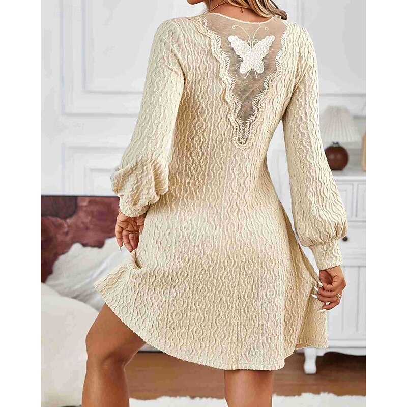 Women's Mini Dress Lace Dress Casual Dress Fashion Modern Lantern Sleeve Outdoor Vacation Going out Regular Fit Plain Long Sleeve V Neck Apricot Fall