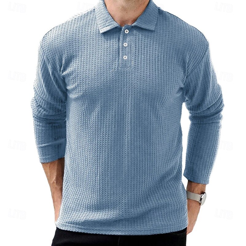 Men's Waffle Polo Shirts Street Casual Lapel Long Sleeve Modern Comfortable Plain Textured Buttons Spring Fall Winter dark brown Robin's Egg Blue Black White Navy Blue Dark Green Waffle Polo Shirts