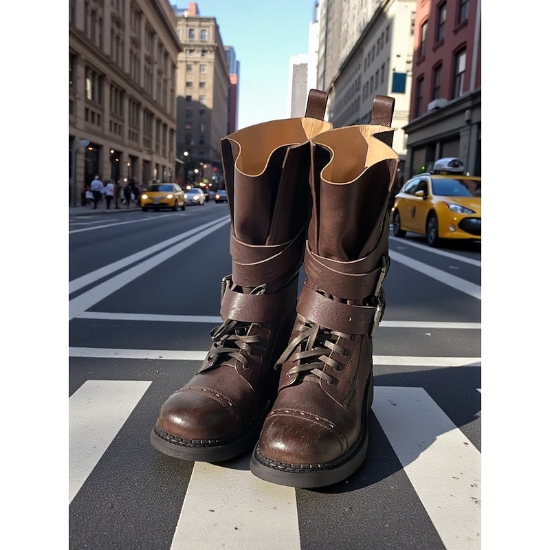 Women's Leather Buckled Combat Boots - Edgy Urban Style for Fashion - Forward City Outfits, Ideal for Daily Streetwear & Trendy Occasions3