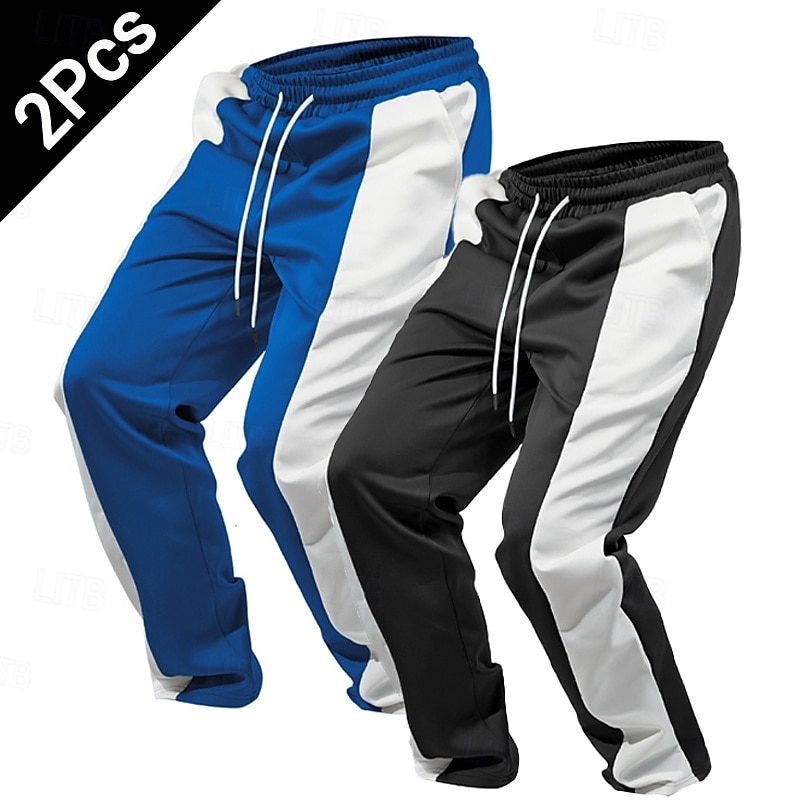 Multi Packs 2pcs Men's Gray+black Sweatpants Trousers Elastic Waist Drawstring Color Block Vacation Daily Wear Polyester Spring