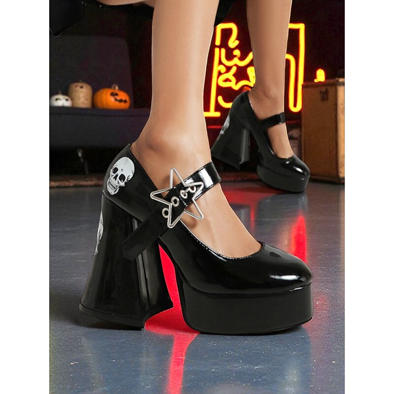 Women's Black Platform Mary Jane Heels with Skull Print and Star Buckle – Gothic Halloween Costume Shoes for Punk Fashion, Cosplay and Themed Events3
