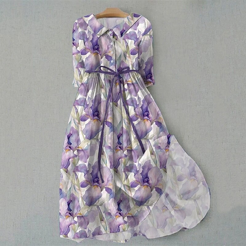 Women's Midi Dress Shirt Dress Casual Dress Fashion Modern Daily Beach Weekend Regular Fit Flower Half Sleeve Shirt Collar White Purple Gray Summer Spring3
