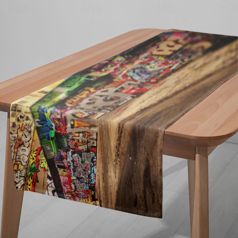 1PC Street Graffiti Table Runner Table Flag – Digital Printed Rectangular Tablecloth for Restaurant, Banquet, Party, Cafe Decoration – 33x180cm (13x70.5in)