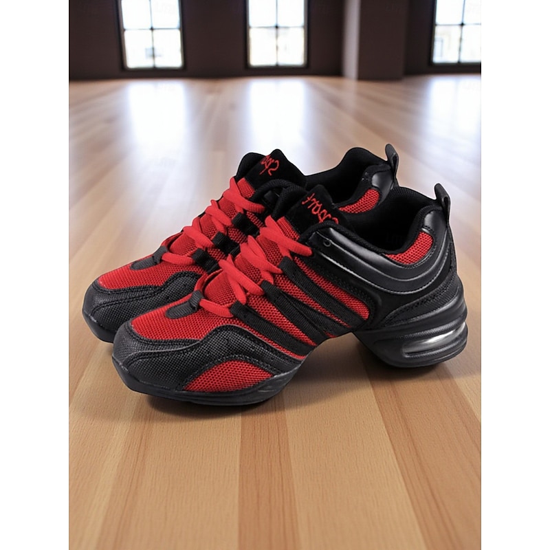 Women's Red and Black Mesh Jazz Dance Sneakers with Split Sole, Lightweight Breathable Design - Professional Practice Footwear for Hip Hop, Zumba, and Ballroom Training