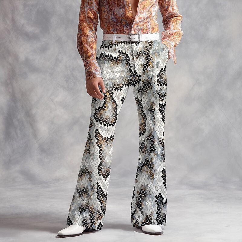 Men's Snake Skin Pattern Disco Pants 60s 70s Bell Bottoms Mid Waist Vintage Retro Outdoor Vacation Party Side Pockets Flared Leg Pants Trousers Spring Fall 3D Print Black White Gold2