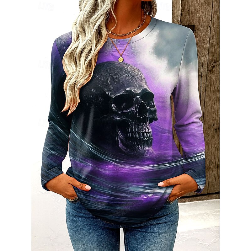 Halloween Women's T Shirt Skulls Graphic Vintage Fashion Stylish Long Sleeve Crew Neck Regular Tops Daily Weekend Print Blue Purple Green Gray Spring Fall Winter4