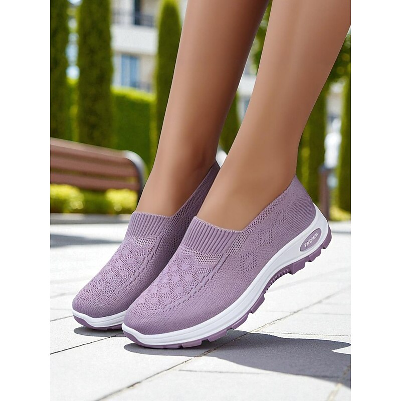 Women's Beige Flyknit Slip-On Comfort Sneakers – Lightweight Breathable Walking Shoes for Park, Errands and Everyday Wear
