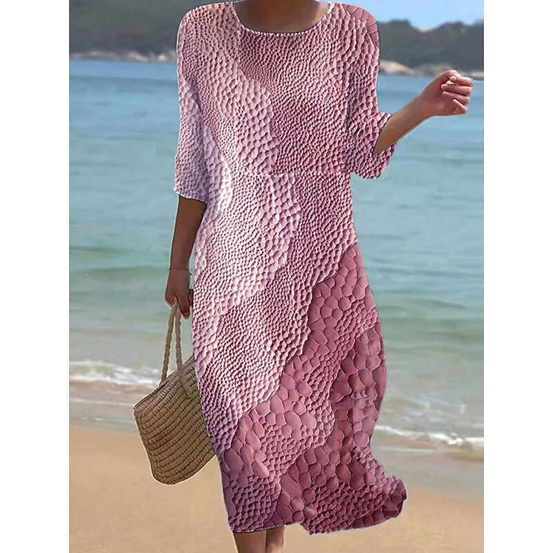 Women's Maxi Dress Kaftan 3/4 Length Sleeve Crew Neck Casual Dress A Line Dress Boho Regular Fit Graphic Geometric Abstract Pink Blue Purple Green Spring Fall4