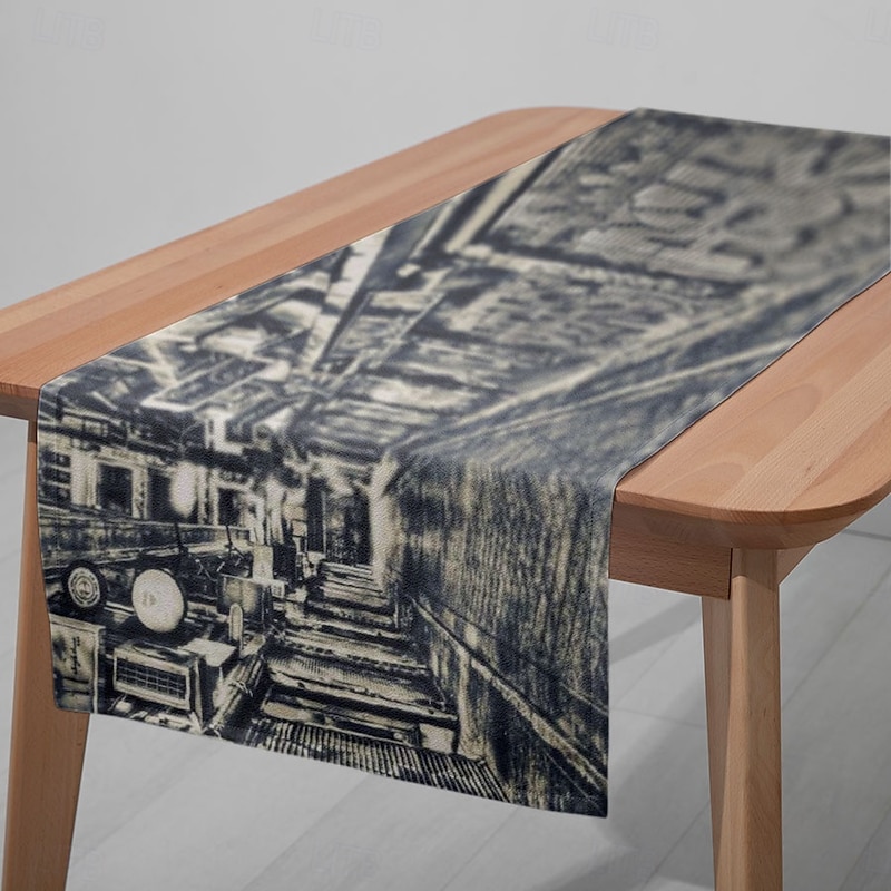 1PC Black & White Graffiti Table Runner Table Flag - Urban Street Art Printed Rectangular Tablecloth for Restaurant, Banquet, Party Decoration (33x180cm/13x70.5in)